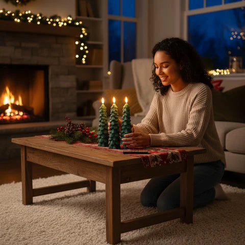 Woman admiring Flamless Taper Candles on a cozy table by the fireplace, enhancing holiday ambiance.